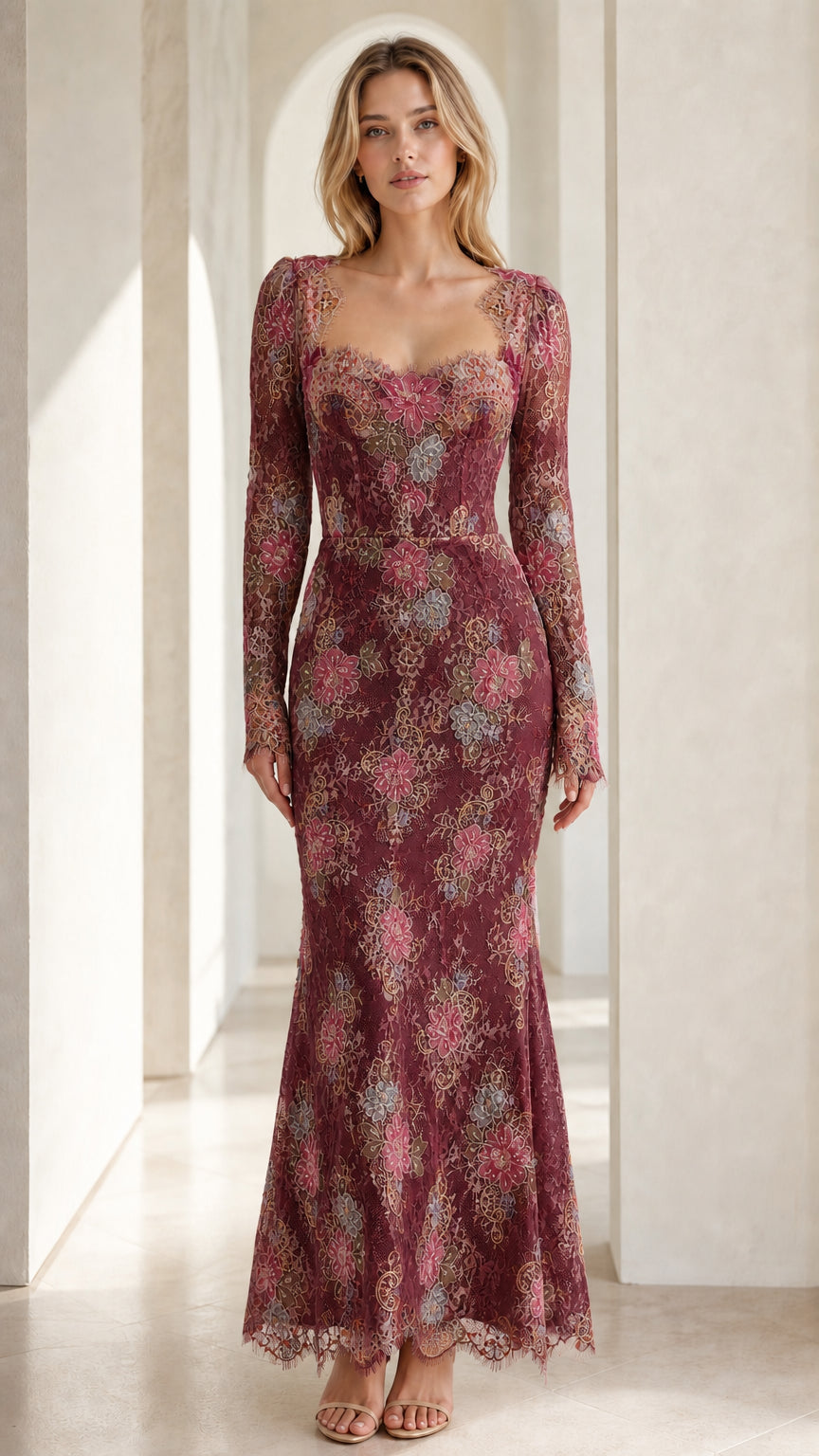 Front view of Burgundy floral embroidered lace maxi dress