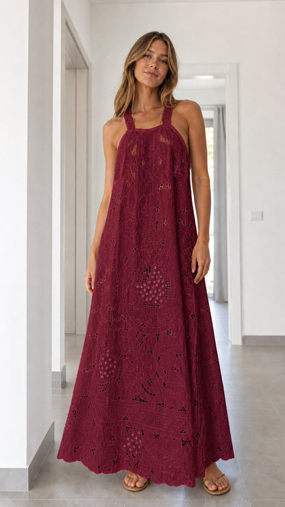 Front view of burgundy eyelet lace maxi dress