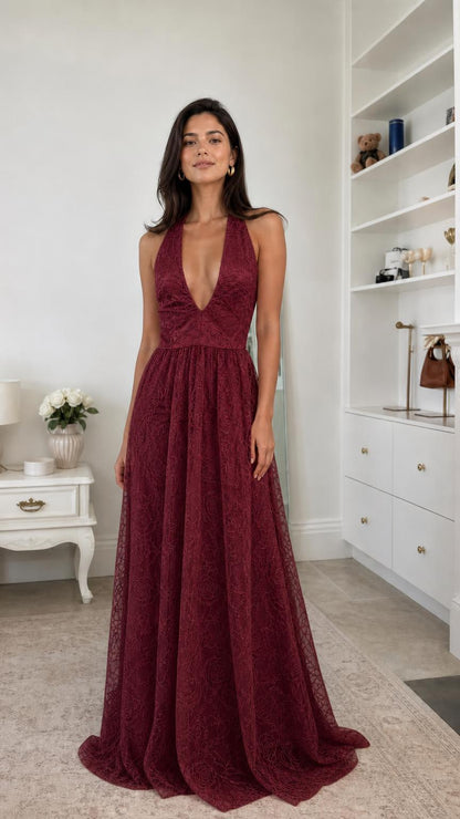 Front view of burgundy lace halter neck evening dress