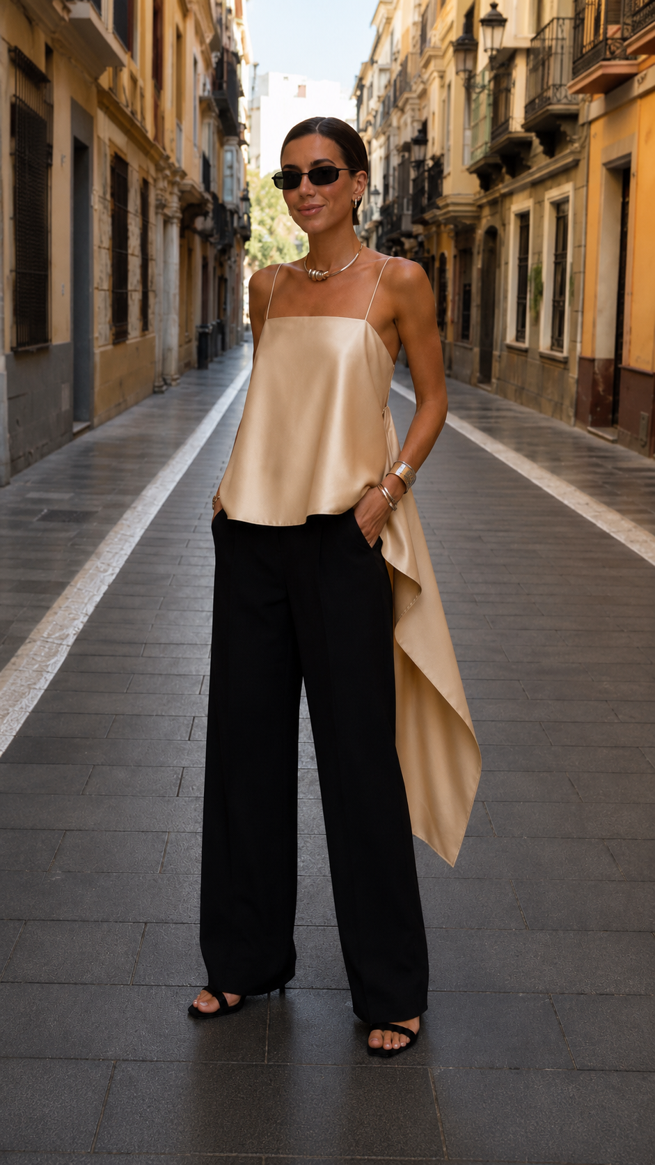 Front view of champagne satin-look asymmetric cami top with black trousers