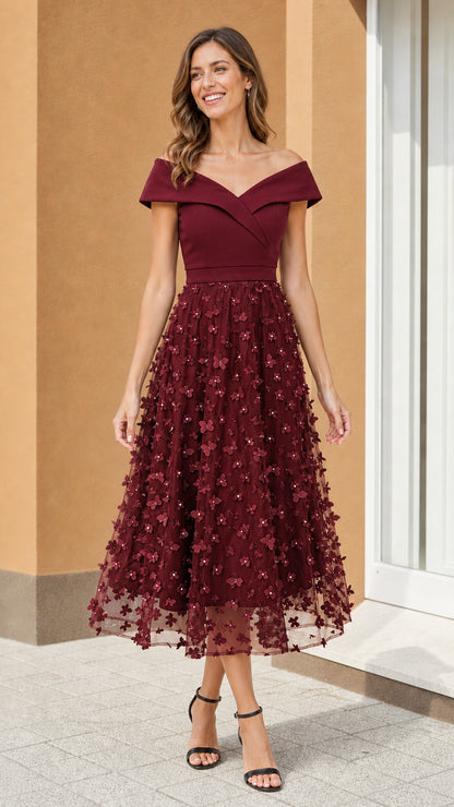Model wearing Burgundy off-shoulder floral midi dress