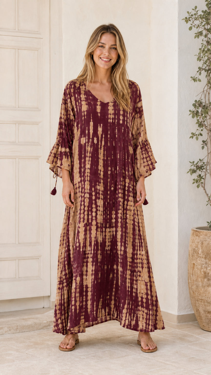 Model wearing Burgundy tie-dye maxi dress
