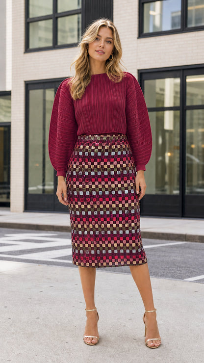 Model wearing burgundy color variant midi dress