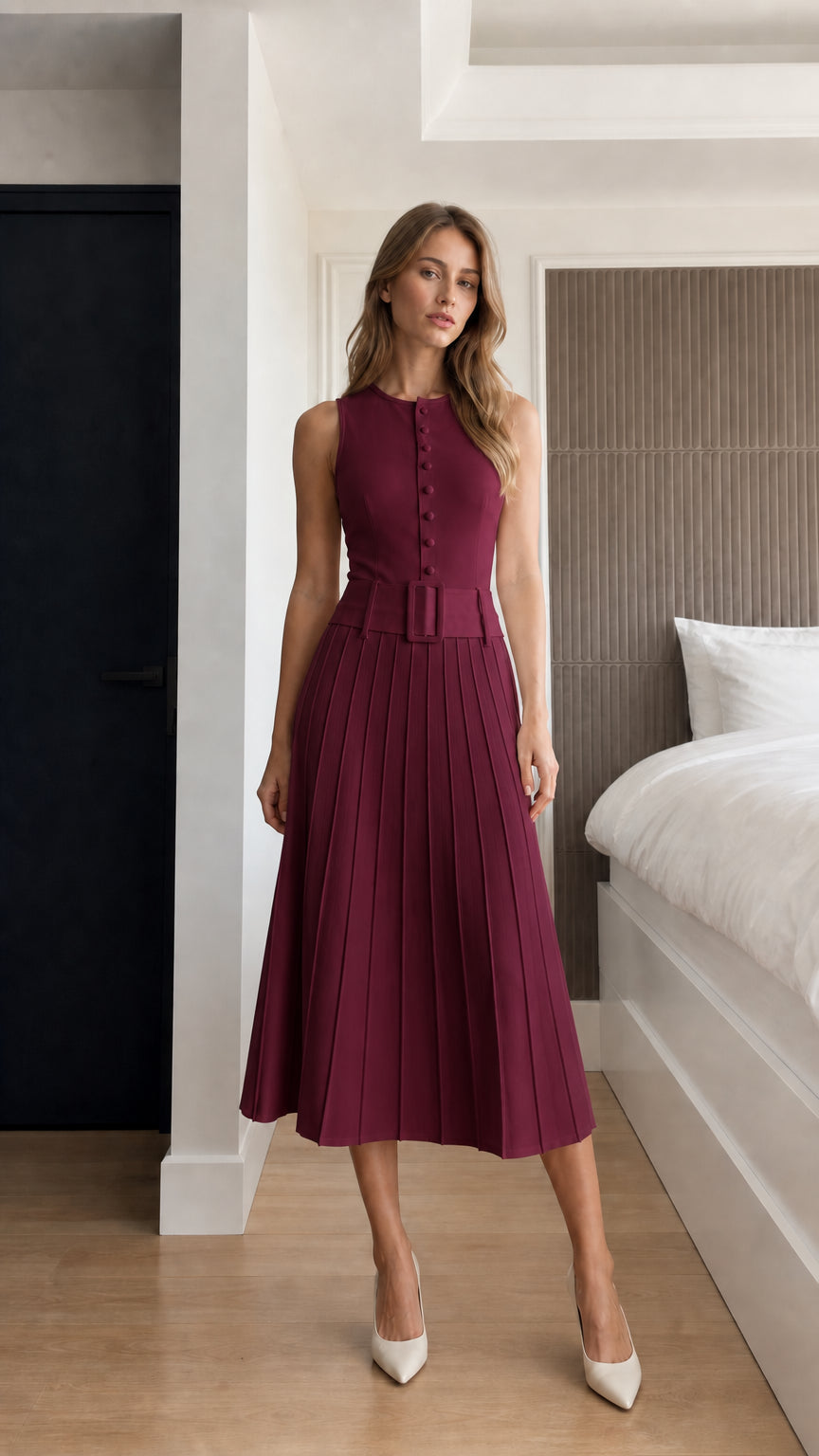 Front view of model wearing burgundy sleeveless pleated belted midi dress