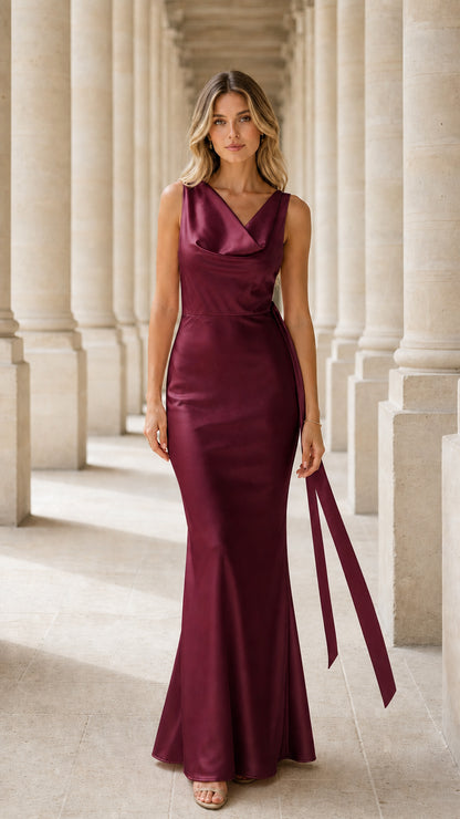 Model wearing burgundy satin cowl neck maxi dress