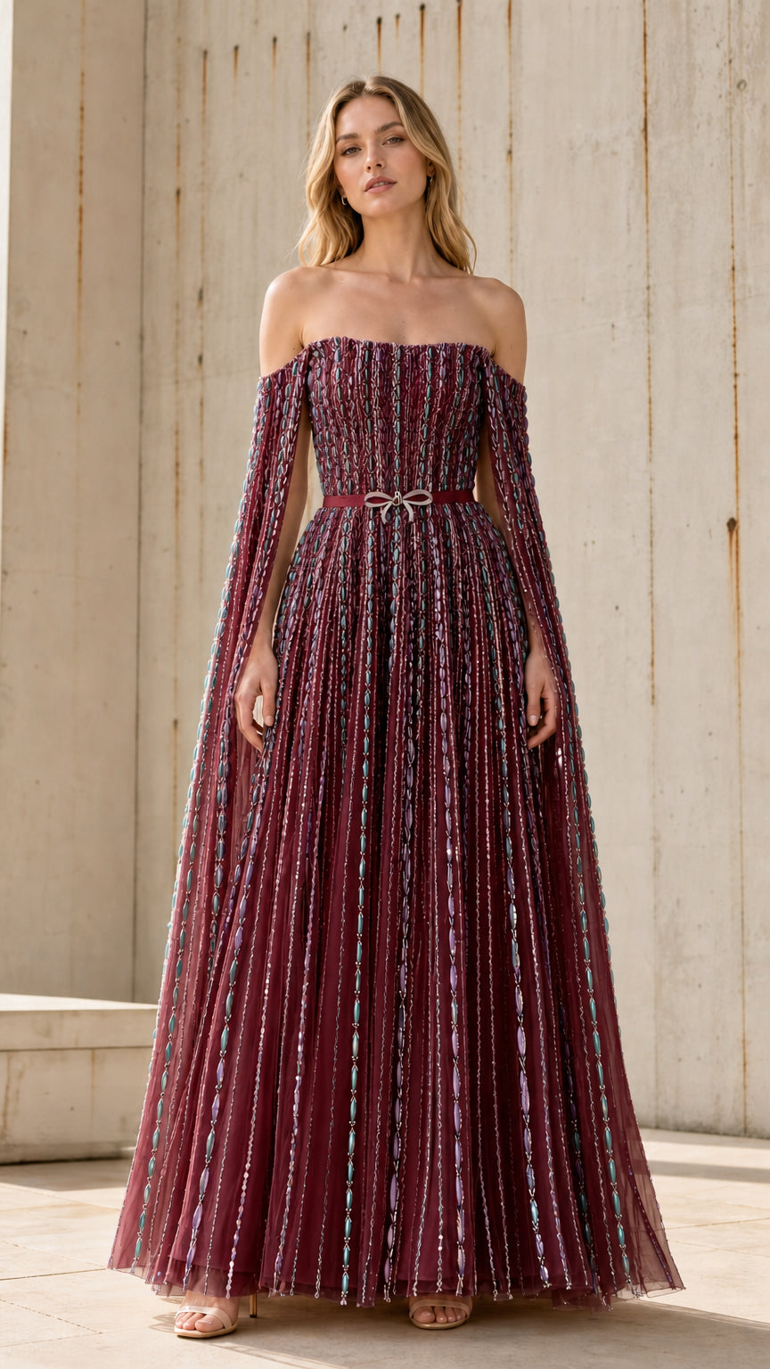 Front view of burgundy color variant of the embellished tulle gown