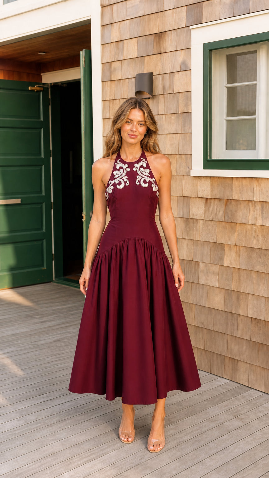 Burgundy wine red halter neck open back drop waist dress