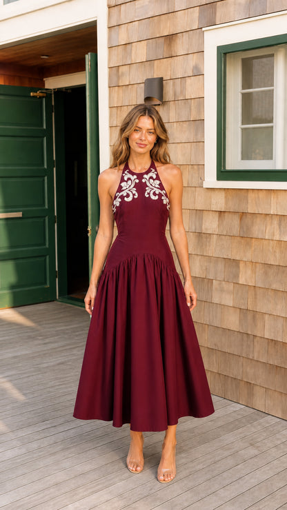 Burgundy wine red halter neck open back drop waist dress