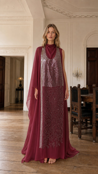 Burgundy variant of sequin embellished evening gown