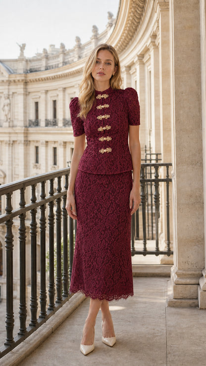 Model wearing burgundy red floral lace midi skirt set with frog knot closures