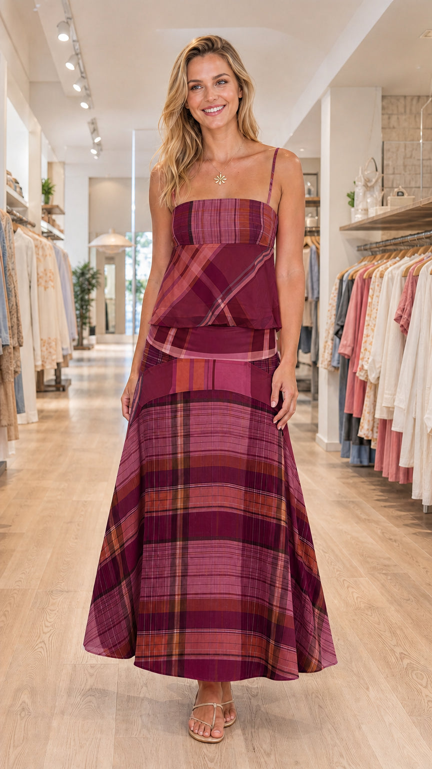 Model wearing burgundy plaid two-piece set