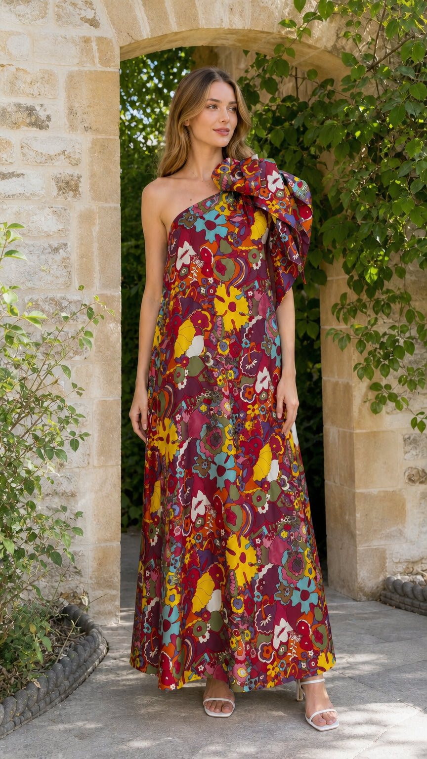 Model wearing burgundy multi floral one-shoulder maxi dress