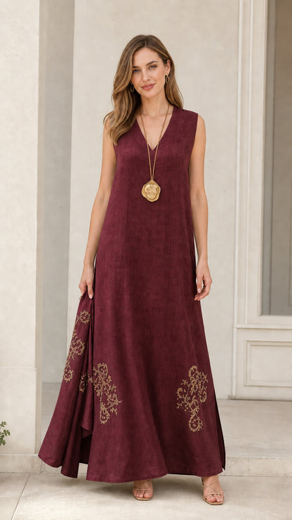Front view of model wearing burgundy sleeveless maxi dress