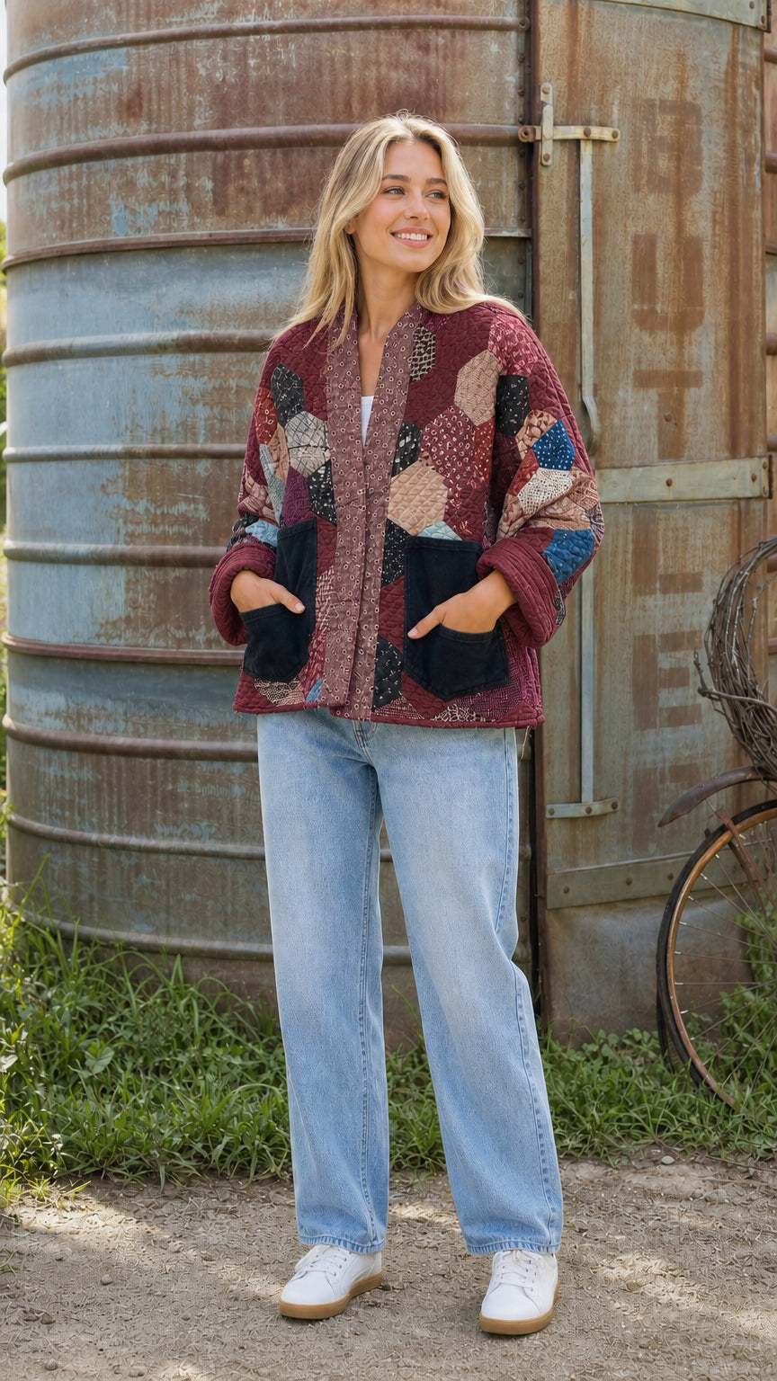 Burgundy hexagon patchwork quilted jacket on model