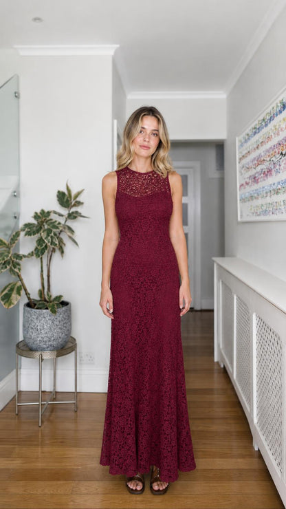 Front view of burgundy lace maxi dress