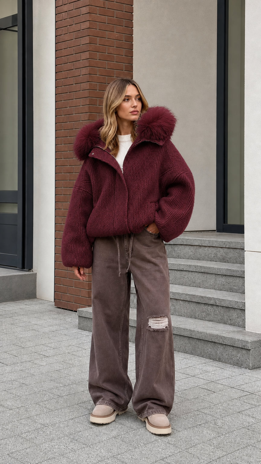 Model wearing burgundy wine red plush ribbed bomber jacket with matching fur hood