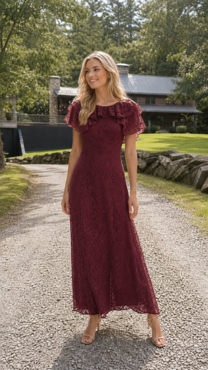 Full length photo of model in deep burgundy red lace evening maxi dress