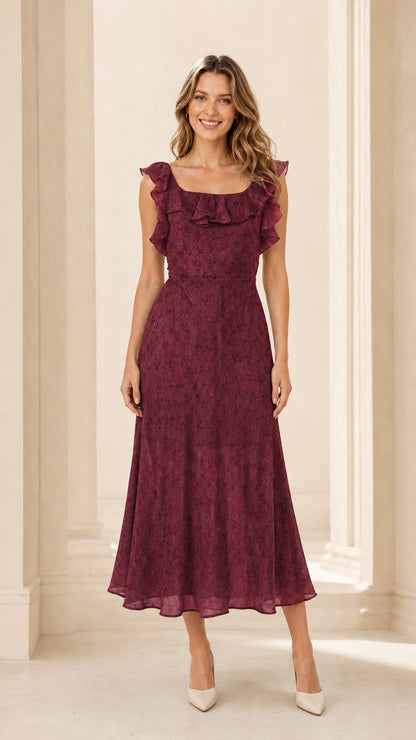 Front view of woman wearing burgundy ruffled floral midi dress