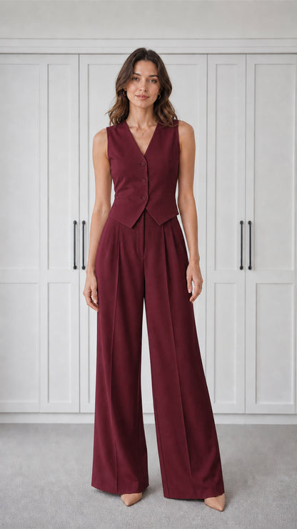 Woman wearing burgundy tailored vest and wide-leg pants set