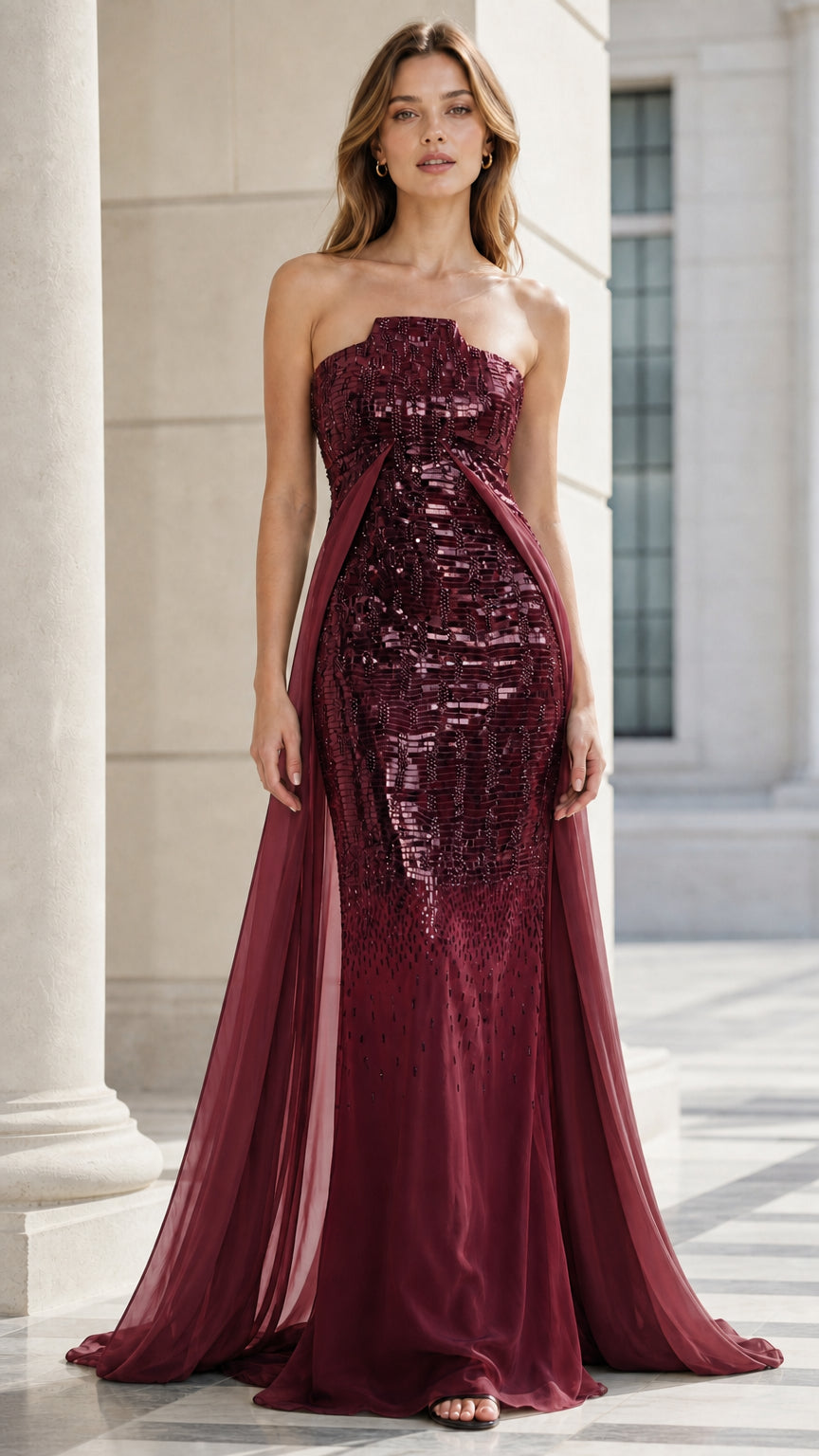 Front view of burgundy wine strapless ombre sequined formal gown with chiffon train
