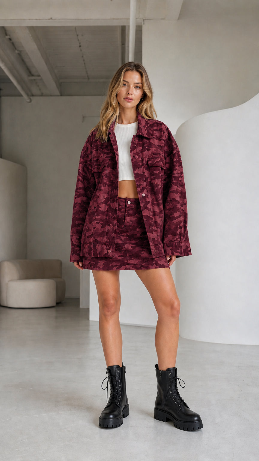 Woman wearing a burgundy camouflage jacket and matching mini skirt
