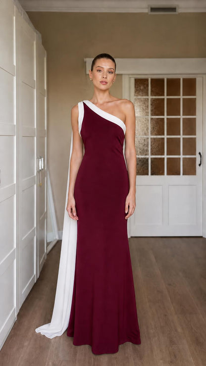 Burgundy color variant of the one-shoulder evening gown