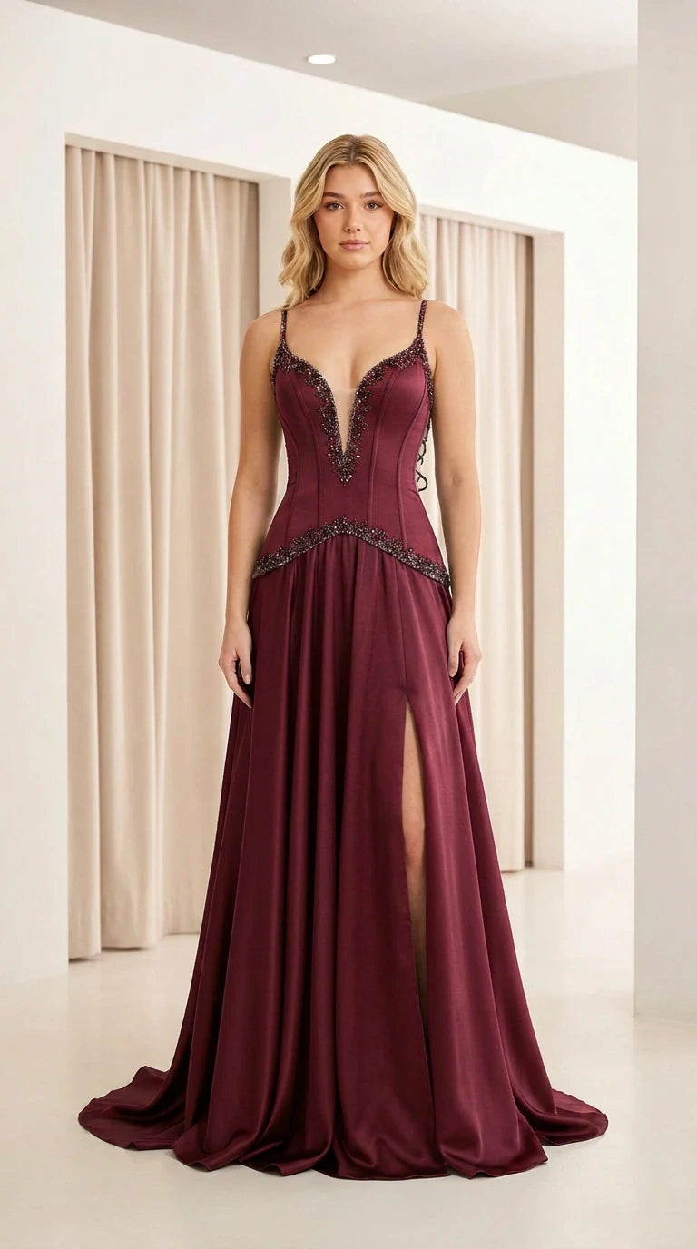 Front view of burgundy satin evening dress