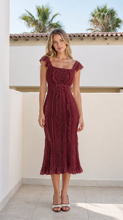 Front view of burgundy color variant on model