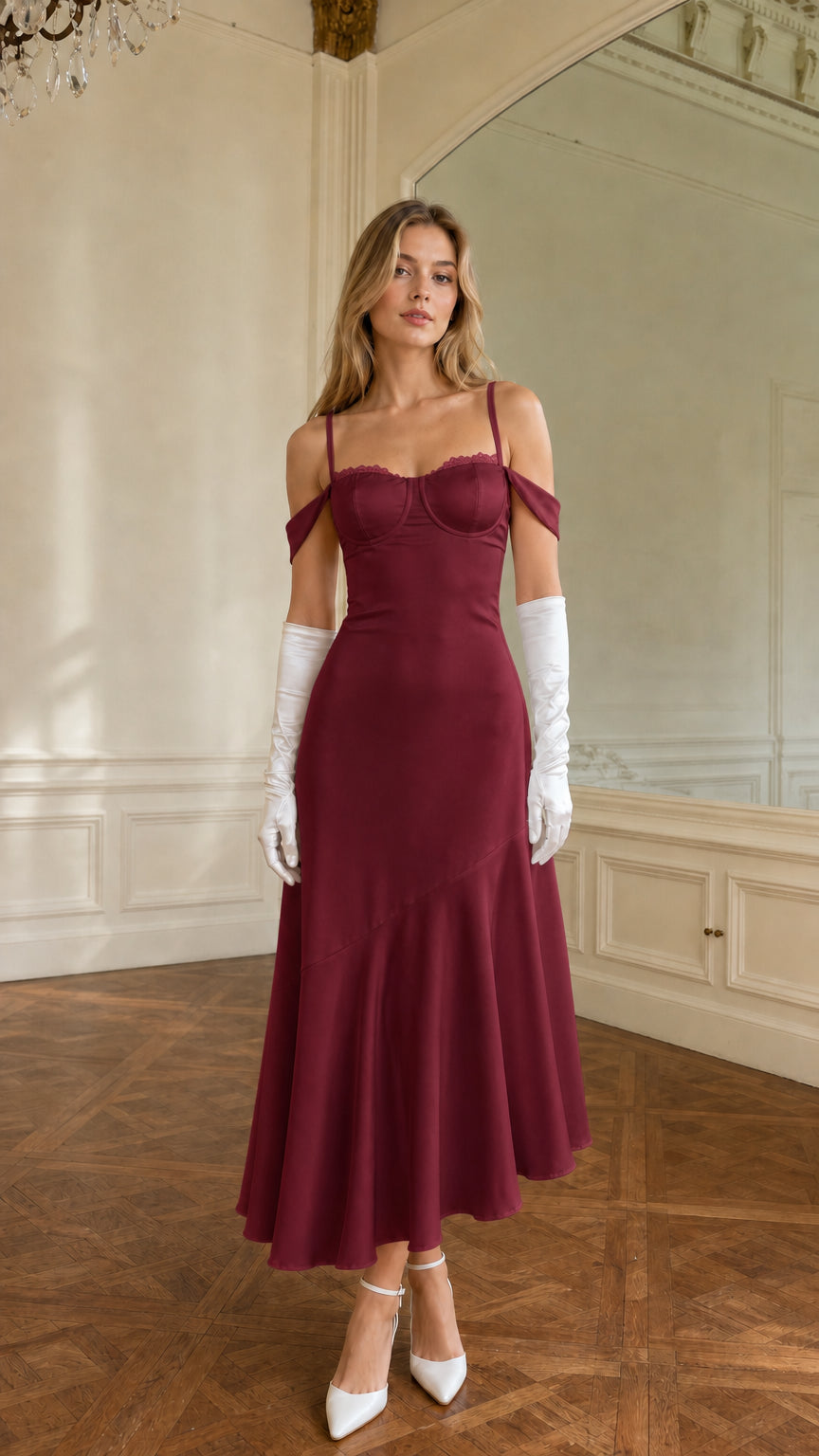 Full-length view of burgundy red cold-shoulder bustier satin midi dress