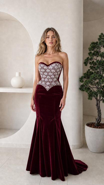 Front view of burgundy velvet evening dress