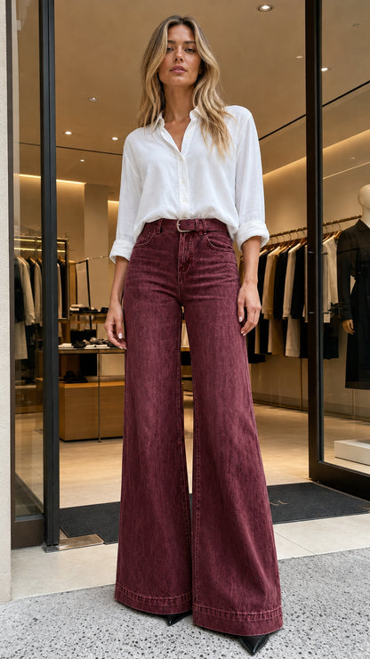 Full-length view of woman wearing burgundy washed wide-leg jeans
