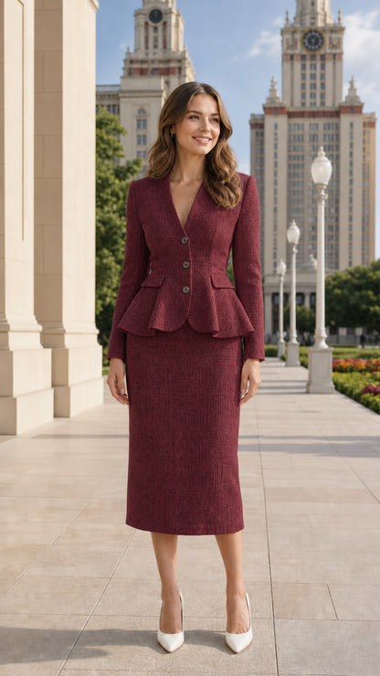 Model wearing burgundy wine red peplum skirt suit