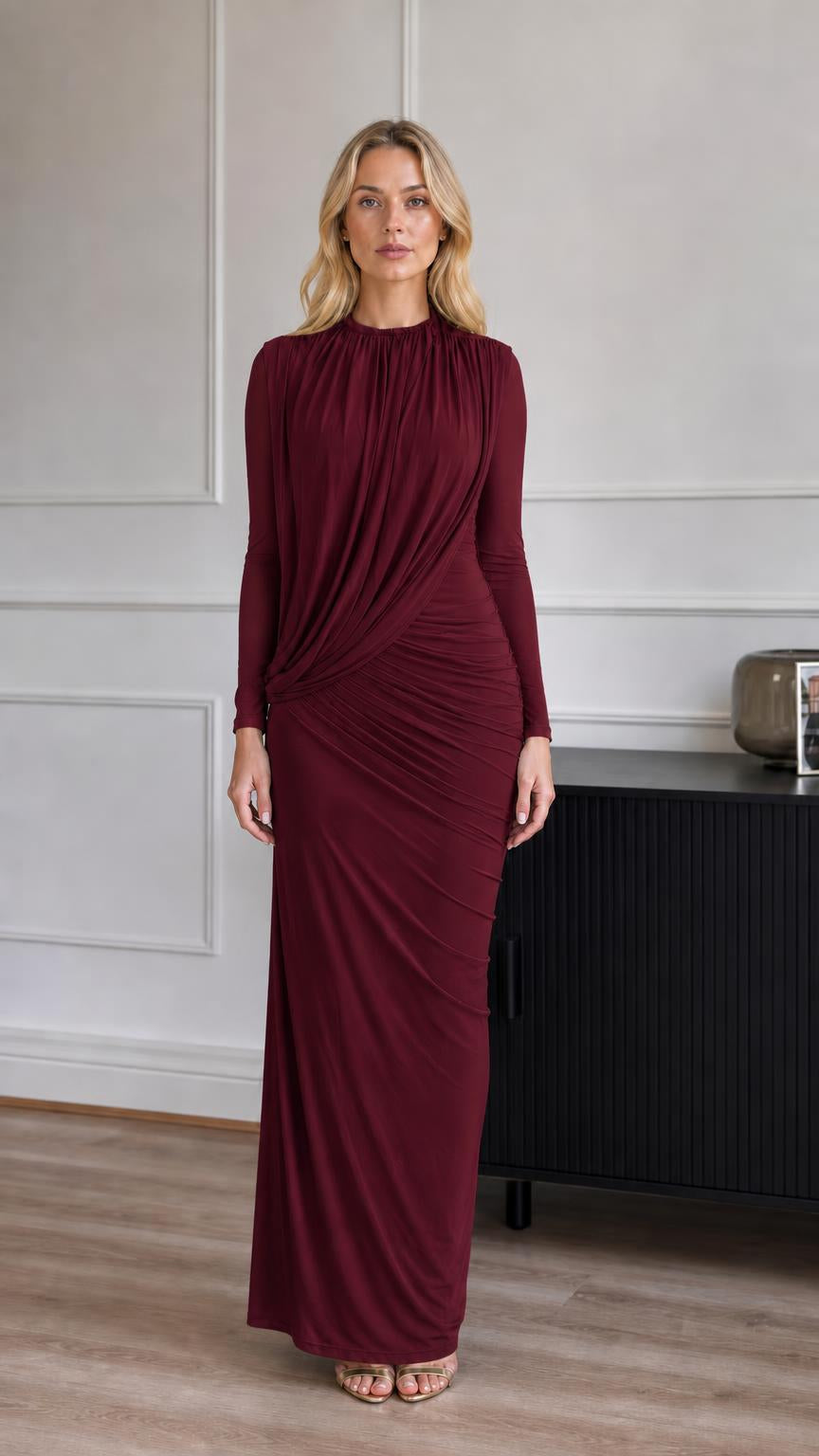 Model wearing burgundy ruched long-sleeve maxi dress