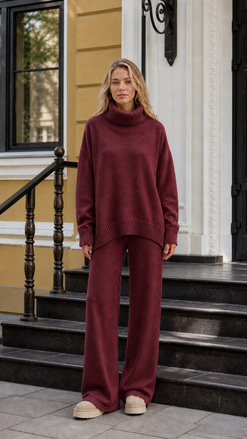 Model wearing burgundy oversized turtleneck sweater and matching lounge pants