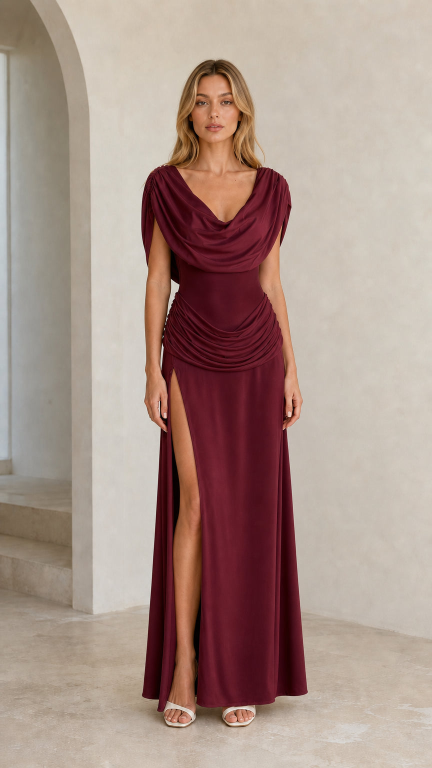 Front view of model wearing Burgundy evening gown with high slit