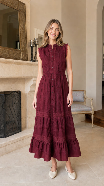 Front view of burgundy sleeveless tiered midi dress