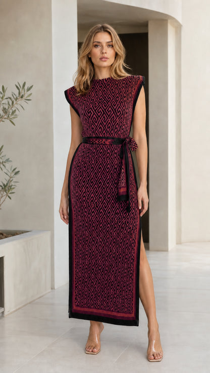 Burgundy geometric jacquard knit sleeveless maxi dress with belt