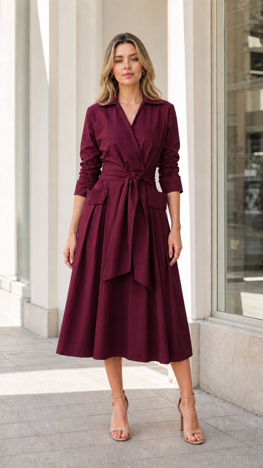 Front view of woman wearing burgundy lapel midi trench dress