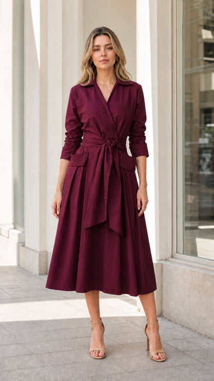 Front view of woman wearing burgundy lapel midi trench dress