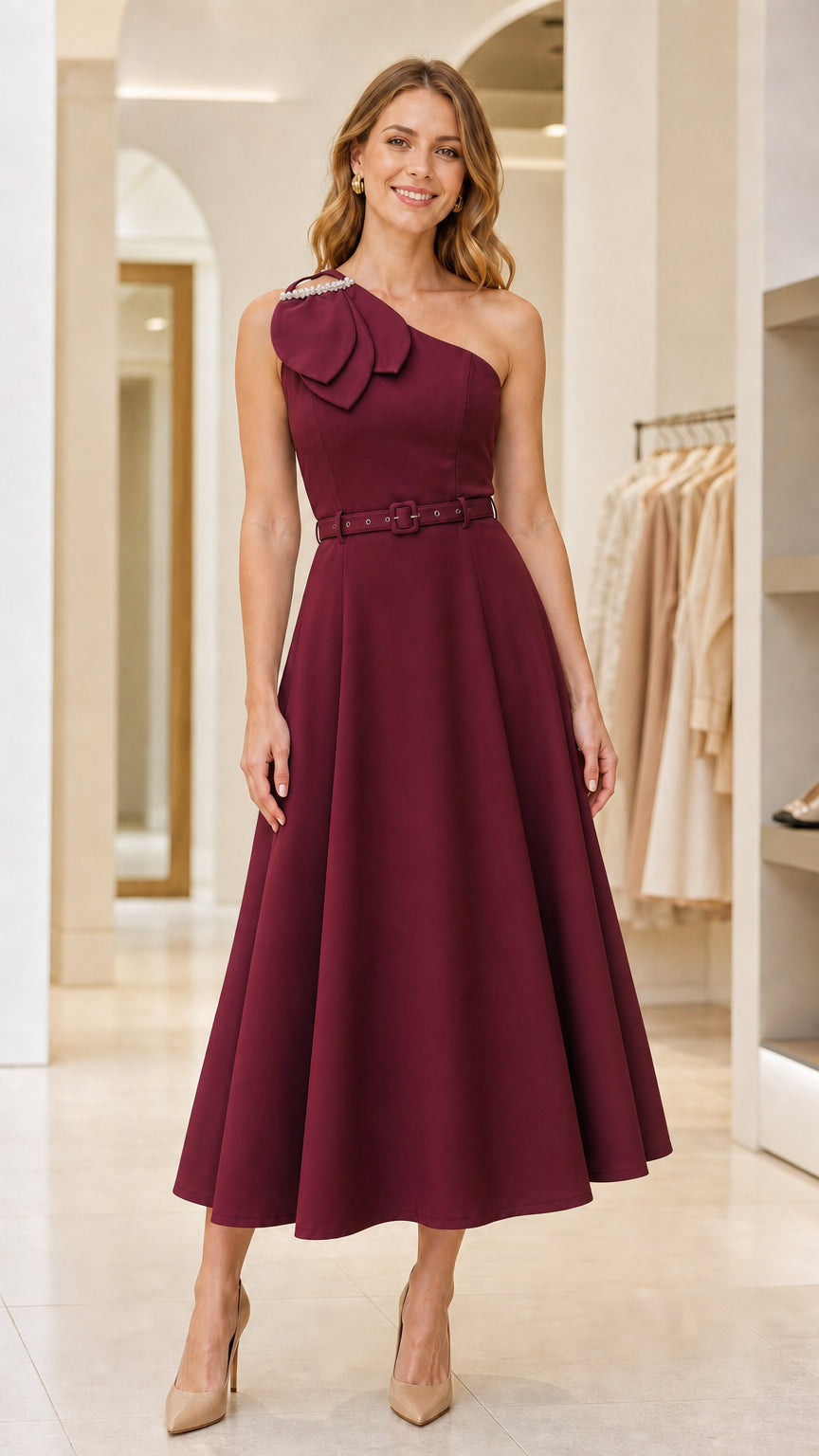 Model wearing burgundy one-shoulder midi dress with belt