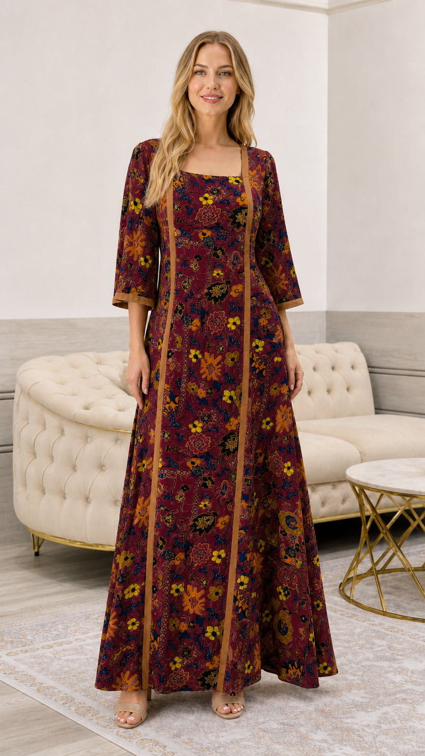 Full front view of burgundy wine floral long dress