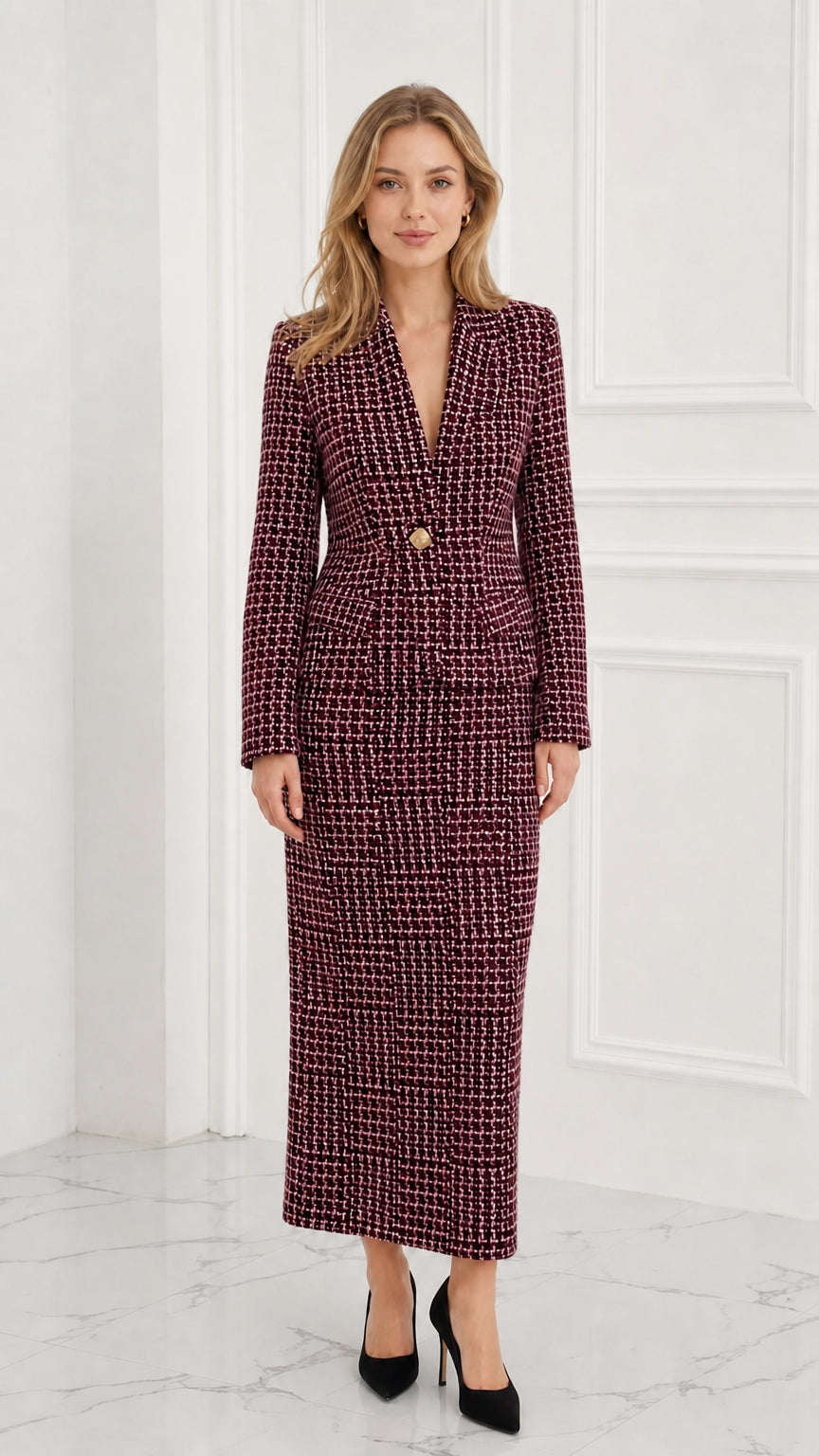 Model wearing deep burgundy tweed tailored blazer and matching maxi skirt set