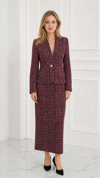 Model wearing deep burgundy tweed tailored blazer and matching maxi skirt set