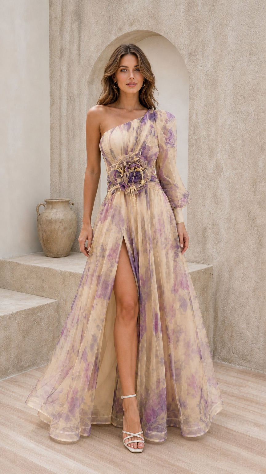 Front view of champagne multi evening gown with soft neutral shades