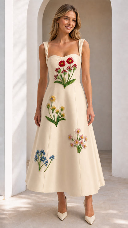 Front view of cream embroidered floral midi dress