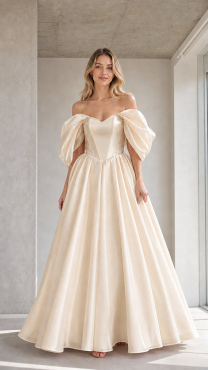 Front view of model wearing the champagne color variant