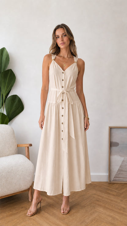Model wearing beige button-front midi dress