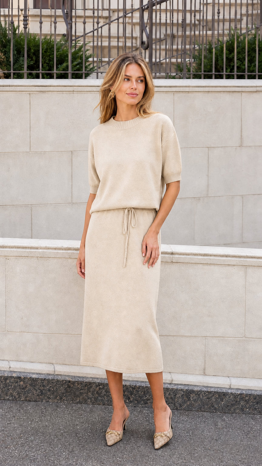 Cream short sleeve knit midi dress with drawstring waist shown on a model