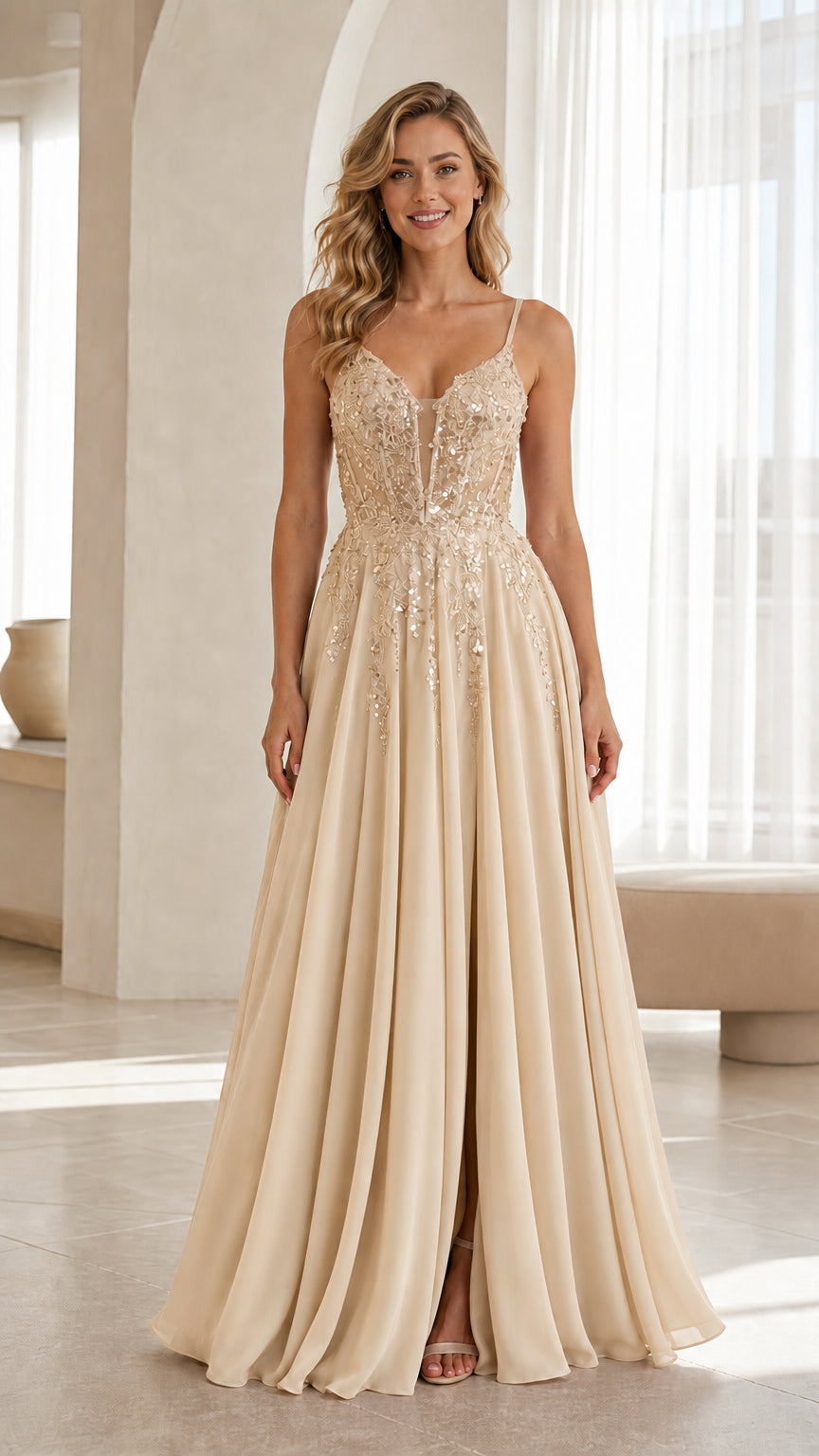 Front view of champagne evening dress