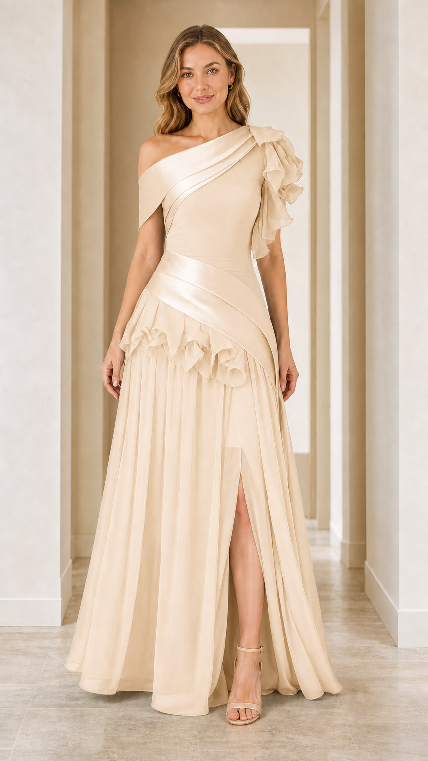 Model wearing champagne one-shoulder evening gown